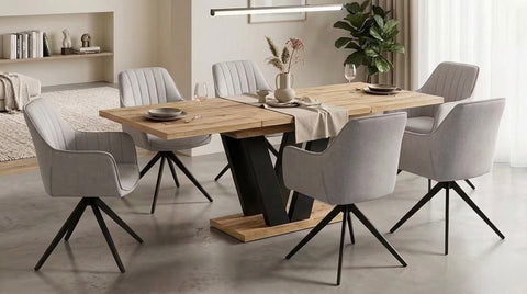 Essgruppe Lara - Eiche Artisan mit 6 Stühlen in Creme-Beige für 6 Personen