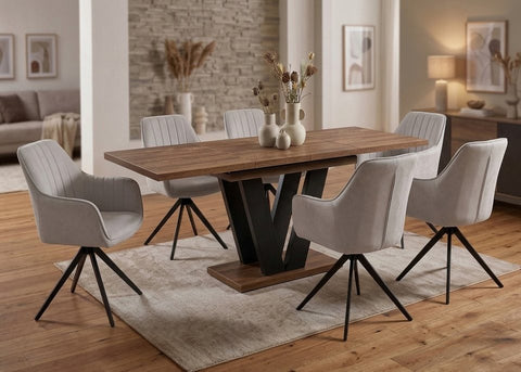 Essgruppe Lara - Eiche Craft Gold mit 6 Stühlen in Creme-Beige für 6 Personen