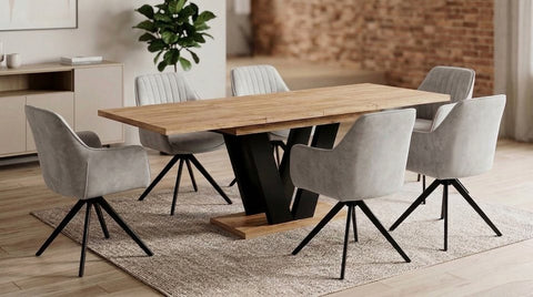 Essgruppe Lara - Eiche Stirling mit 6 Stühlen in Creme-Beige für 6 Personen