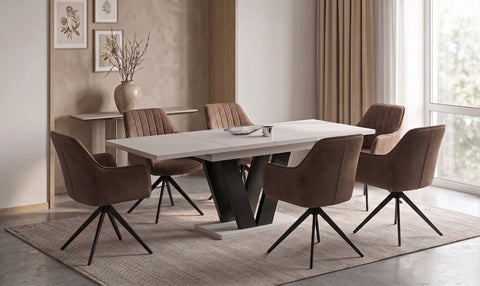 Essgruppe Lara - Kaschmir-Beige mit 6 Stühlen in Braun für 6 Personen