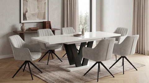 Essgruppe Lara - Weiss Hochglanz mit 6 Stühlen in Creme-Beige für 6 Personen