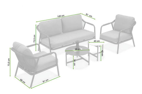 Focus Garden Gartenlounge-Set GRAFTON CAFFE Grau - 2-Sitzer, 2 Sessel, 2 Tische, Seilgeflecht
