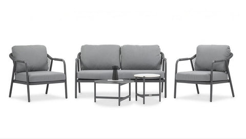 Focus Garden Gartenlounge-Set GRAFTON CAFFE Grau - 2-Sitzer, 2 Sessel, 2 Tische, Seilgeflecht