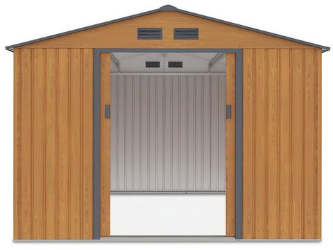 Hardmaister Metall Gerätehaus Hudson 277x319 cm Eiche-Grau - Satteldach & Schiebetür
