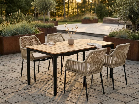 Lesli Living Garten-Essgruppe Arrezo Eckig - 130x70 cm Tisch & 4 Rope-Stühle Beige