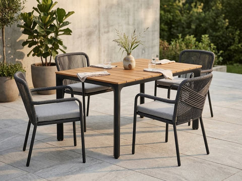 Lesli Living Garten-Essgruppe Arrezo Eckig 130x70 cm Grau mit 4 Rope-Stühlen