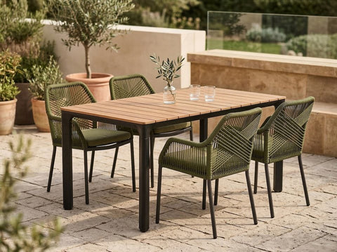 Lesli Living Garten-Essgruppe Arrezo Eckig - 130x70 cm Tisch & 4 Rope-Stühle Grün