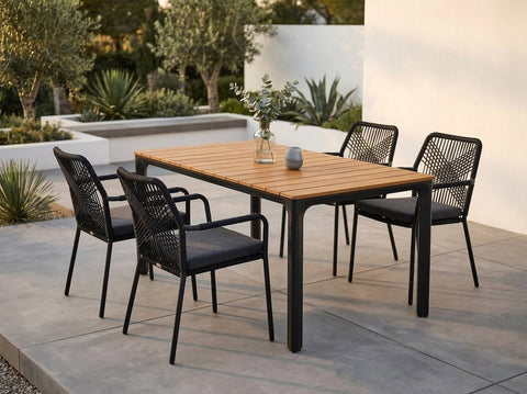 Lesli Living Garten-Essgruppe Arrezo Eckig - 130x70 cm Tisch & 4 Rope-Stühle Schwarz