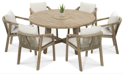 FURRORE Marigold 6+1 Round Garten-Essgruppe – Massives Akazienholz-Set mit Rundtisch Ø150cm & 6 handgeflochtenen Stühlen Beige