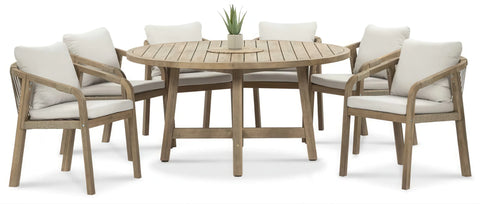 FURRORE Marigold 6+1 Round Garten-Essgruppe – Massives Akazienholz-Set mit Rundtisch Ø150cm & 6 handgeflochtenen Stühlen Beige