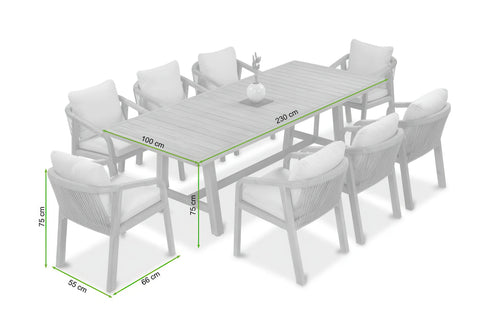 Furrore Marigold 8+1 Garten-Essgruppe aus Akazienholz Beige Handgeflochten 230x100cm