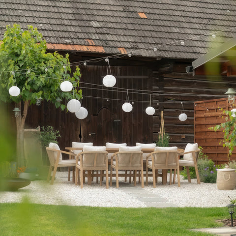 Furrore Marigold 8+1 Garten-Essgruppe aus Akazienholz Beige Handgeflochten 230x100cm