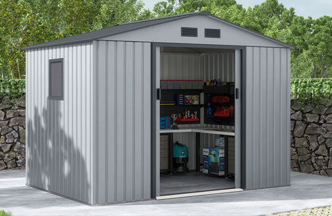 Hardmaister Gerätehaus Hudson 277x191 cm Hellgrau - Wartungsfreies Metall-Gartenhaus mit Satteldach