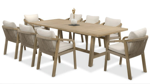 Furrore Marigold 8+1 Garten-Essgruppe aus Akazienholz Beige Handgeflochten 230x100cm